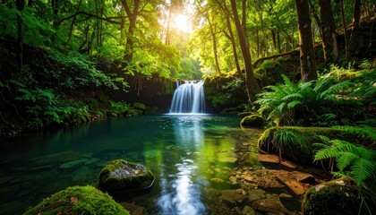 Obraz premium Lush forest waterfall scene