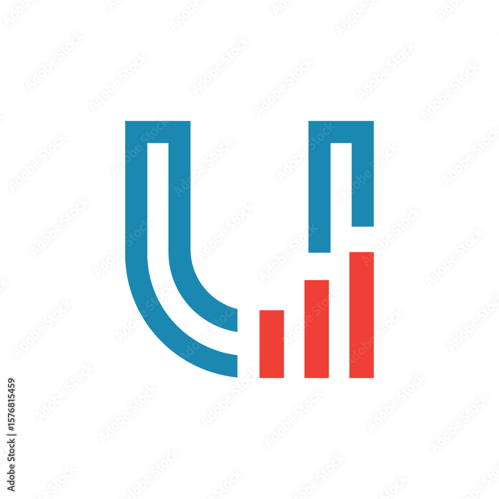 Poster This image depicts a flat logo design of an initial letter U in blue color with an orange graph bar that looks clean and modern on a white background for statistic purposes