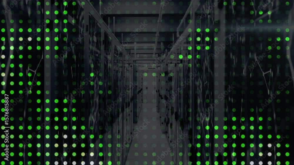 Poster on launch server aisle displaying green overlay switching to white clusters visualizing data flow