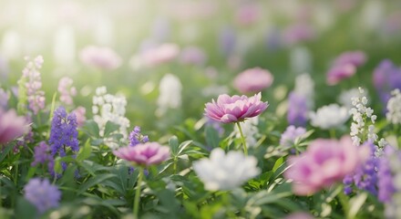 A sunlit field of colorful flowers in full bloom, creating a vibrant natural scene.