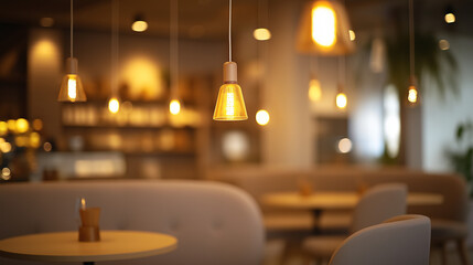 Background Modern cafe interior design with minimalist furniture and ambient lighting provides a cozy atmosphere. Blurred Background Photo