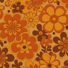 Groovy 70s retro floral pattern, warm earthy color palette, seamless wallpaper design