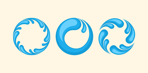 Modern water logo design, bold swirl drop elements. branding bottled water, water treatment, marine industries. Blue water drop splash icon, drops on isolated background, rain splash, rain drop