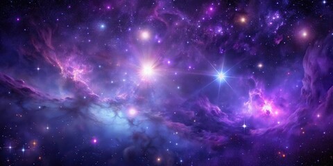 Fototapeta premium Deep space with purple cosmic background and glowing stars in the dark