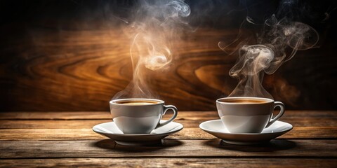 Espresso cups on wooden table with steam rising from the liquid