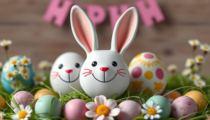 Cute easter bunny and decorated eggs in green grass with daisies