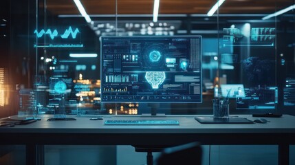 Fototapeta premium Futuristic Tech Workspace: AI and Data Visualization on Display