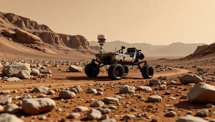 an unmanned rover exploring a martian landscape. it's situated on rocky terrain with patches of bare ground and some areas covered in fine dust