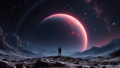 Fototapeta premium in this artwork, a lone astronaut stands in front of an imposing celestial body that resembles a planet with a reddish orange hue