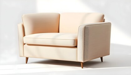 Fototapeta premium Close up of a modern minimalist corner chair with soft cream fabric upholstery, placed on a white background.