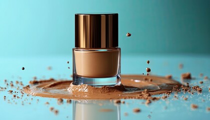 Foundation bottle with splash, on a light blue surface, luxury makeup. Ideal for beauty blogs, product shots, or cosmetic advertising campaigns.