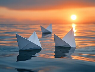 Paper boats float on calm water during sunset. Ideal for dreams, hope, and childhood themes projects.