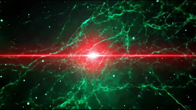 Vibrant Red Laser Beam Pierces Cosmic Scene with Green Nebula Patterns and Scattered Stars, Creating Dynamic and Futuristic Atmosphere Filled with Mystery and Light Interplay