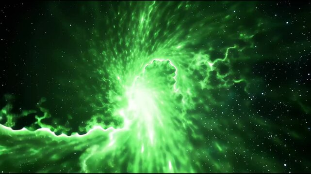 Mesmerizing Green Nebula Swirls in Vastness of Space, Creating Captivating Cosmic Scene with Ethereal Glow and Dynamic Motion, Stars Twinkle in Background Enhancing Wonder and Mystery