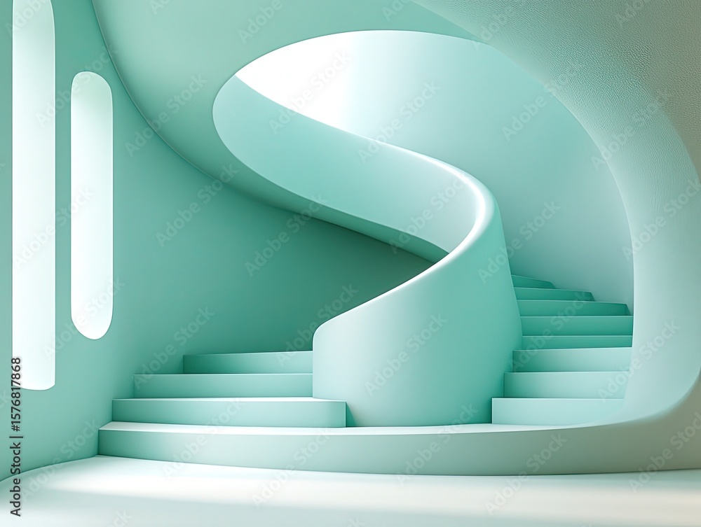 Poster mint-colored spiral staircase with a light-filled opening overhead. a fresh, modern background for d