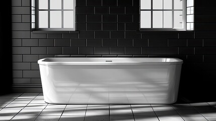 Modern bathroom interior features a white tub and black tiled walls. Use for design inspiration or promoting bath products and spa experiences.