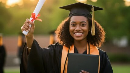 A graduate student smiles proudly holding their diploma outdoors