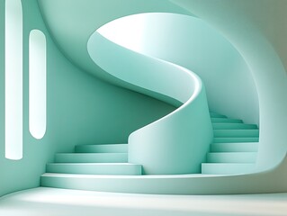 Mint-colored spiral staircase with a light-filled opening overhead. A fresh, modern background for design, architecture or abstract concepts.