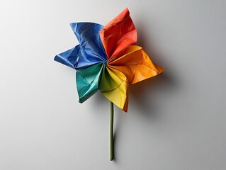 Colorful pinwheel on white, with vivid rainbow colored origami-like petals. Use to convey cheerful concepts like summer, childhood, or renewable energy.
