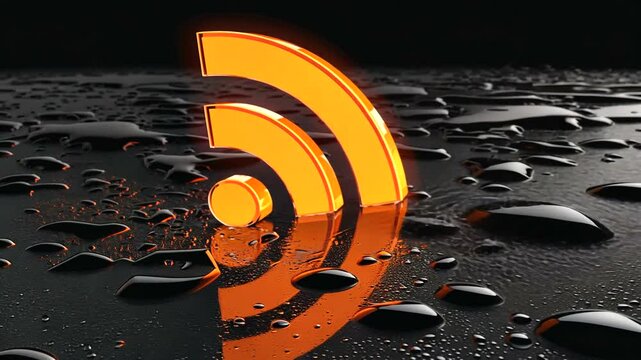 Bright orange RSS feed symbol reflected on wet surface with dark background, ideal for digital media