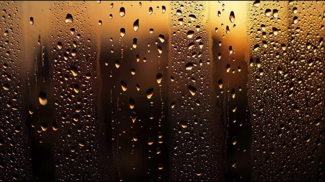 Serene Raindrops on Window Tranquil Atmosphere with Warm Sunset Glow and Intricate Patterns Reflecting Golden Hue