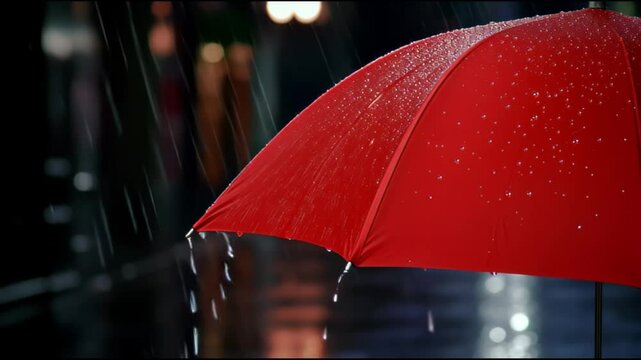 Vibrant Red Umbrella Glistens with Raindrops Under Night Sky, Creating Striking Contrast Against Dark Background, Capturing Essence of Rainy Night with Elegance and Reflective Atmosphere