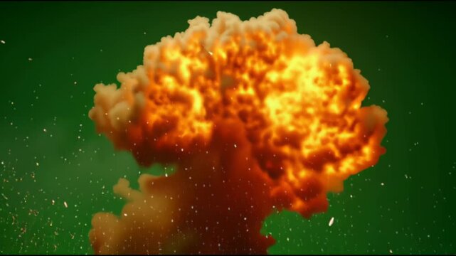 Vibrant Explosion with Fiery Flames and Sparks Against Green Background Creates Dramatic and Intense Visual Effect with Smoke and Dynamic Motion