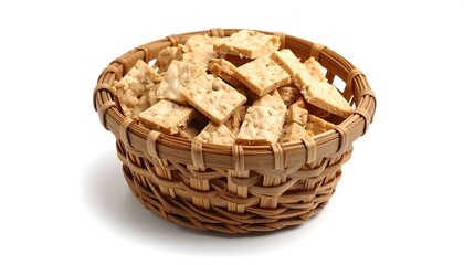 Eye Level Shot of Brown Wicker Basket Filled with Cracker Snacks on White Background