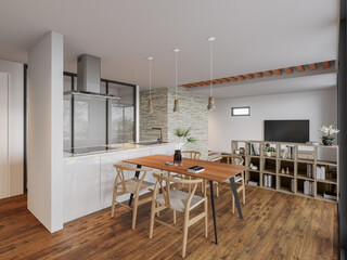 モダンな和風キッチンとリビングダイニングのインテリアデザイン