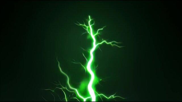 Vibrant Green Lightning Bolt Crackles Against Dark Background Creating Dramatic and Electrifying Visual Effect with Jagged Lines of Electricity Evoking Power and Energy in Dynamic and Energetic Scene