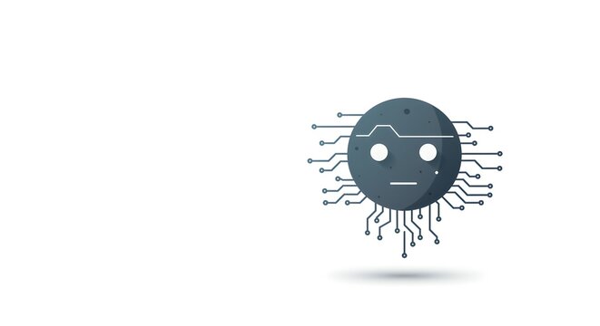 A futuristic vector icon of an emotionless artificial intelligence head. This minimalist graphic portrays a robotic face with a neutral expression and digital circuits.
