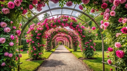 Fototapeta premium pink pathway through archway amidst flourishing pink roses in public garden Tulln