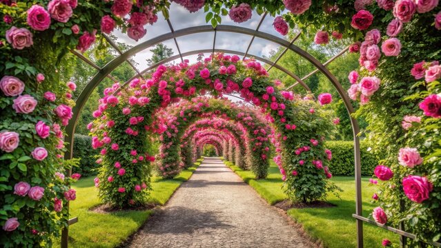 pink pathway through archway amidst flourishing pink roses in public garden Tulln