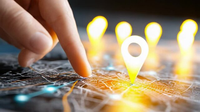 Navigating the Journey: A finger traces a glowing pin on a detailed map, illuminating the path forward with strategy, planning, and exploration in a dynamic illustration.