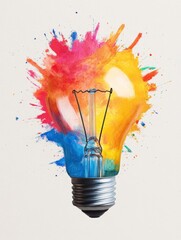 Creative Light Bulb Concept with Colorful Paint Splash Background