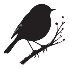 Silhouette of a Perched Bird on Branch Isolated on White Background – Vector Illustration of Small Songbird Sitting Calmly, Perfect for Nature, Wildlife, or Ornithology Design