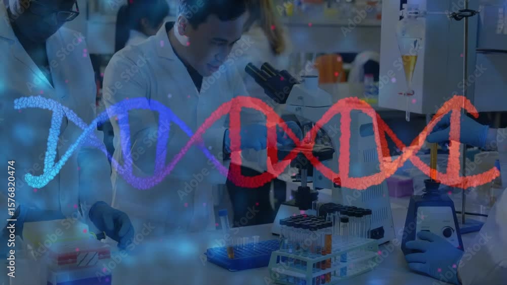 Poster flowing data overlay revealing lab bench while scientists pipetting samples for dna helix analysis
