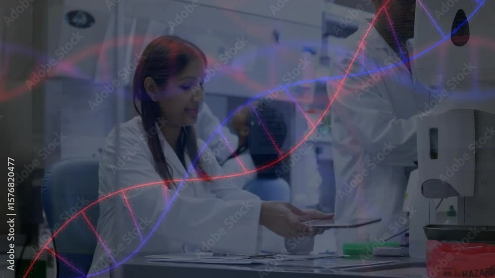 Poster lab scientist picking tablet scrolling chart analyzing data while colleague loading centrifuge
