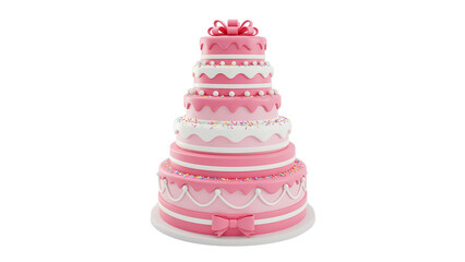 Tall pink tiered cake with decorative elements, isolated on transparent background for celebration, bakery, wedding, and special event themes.