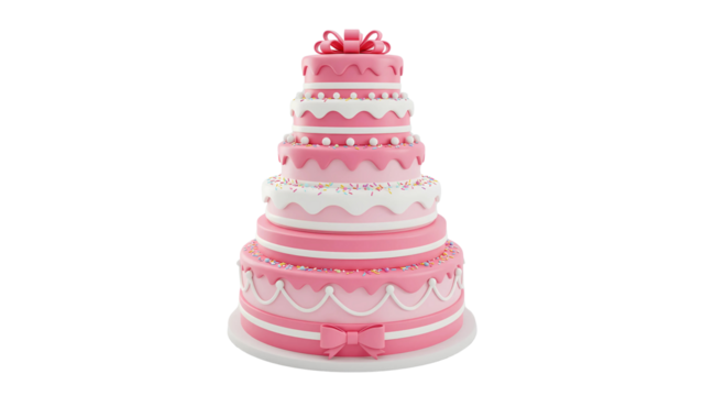 Tall pink tiered cake with decorative elements, isolated on transparent background for celebration, bakery, wedding, and special event themes.