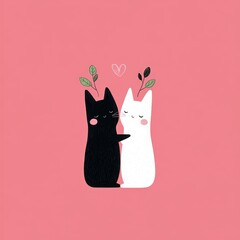 Cute Minimalist Kawaii Cats Embracing with Green Leaves and Heart