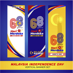 Special stand banner set of 68 years Malaysia Independence Day or Merdeka Day 2025 featuring 68 logo, abstract gradient background and Merdeka tower national pride. 