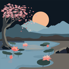 Zen Landscape with Sakura Blossoms, Lotus Pond and Full Moon