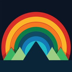 Vibrant Rainbow Arcing Over Geometric Mountains Abstract Landscape Illustration