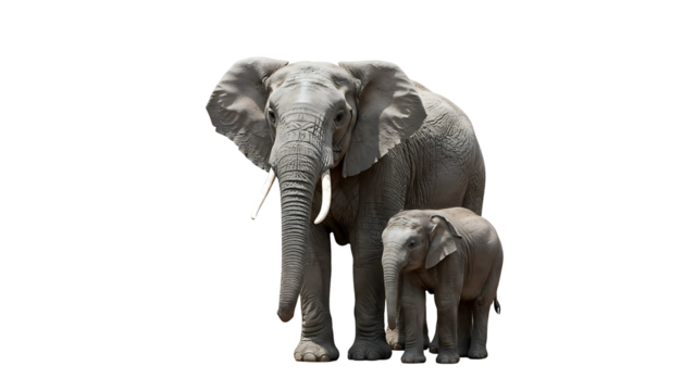 Detailed illustration of an adult elephant and a baby elephant, isolated on transparent background for wildlife, nature, and family themes.
