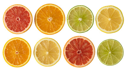Obraz premium A vibrant array of eight citrus fruit slices is neatly arranged in two rows on a white background, featuring grapefruits, oranges, lemons, and limes. 