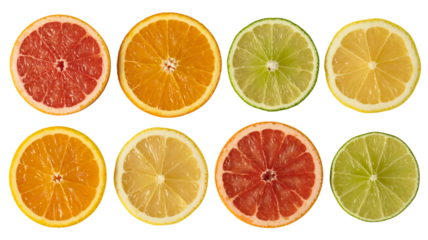 A vibrant array of eight citrus fruit slices is neatly arranged in two rows on a white background, featuring grapefruits, oranges, lemons, and limes. 