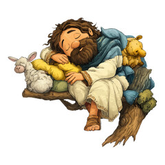 Cute Cartoon Jesus Sleeping Peacefully with Sheep on Tree Branch, Whimsical Religious Illustration for Kids, isolated with transparent background