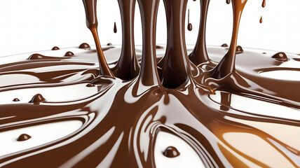 Melted chocolate dripping from a spoon onto a white background
