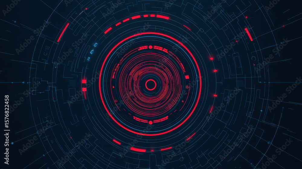 Aufkleber abstract geometric composition with circular patterns and neon elements in red and blue for digital 